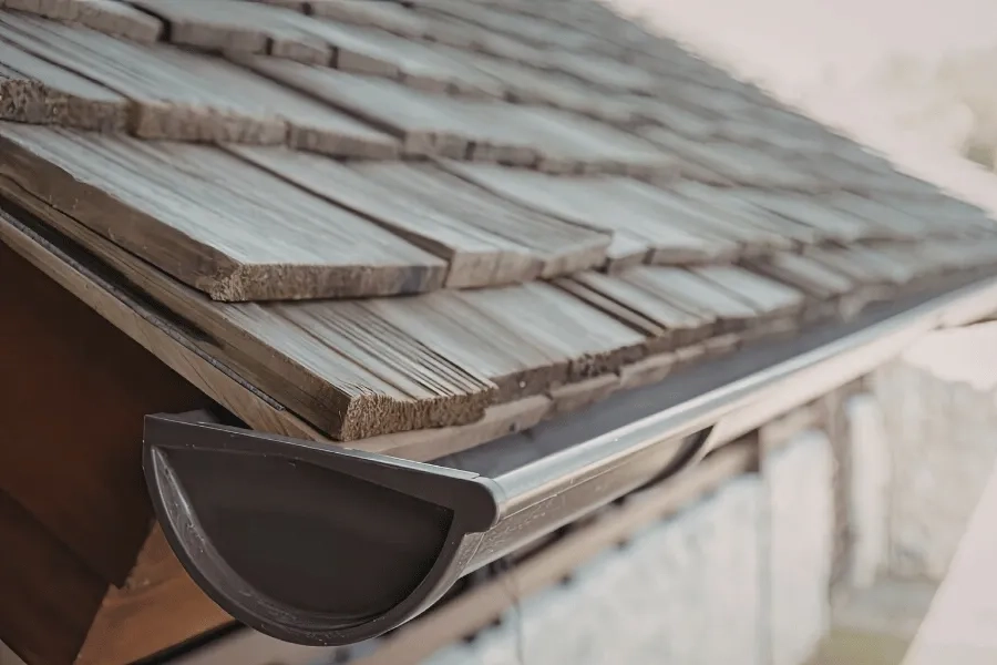 Precision Gutters LLC galvalume gutter system installed on wood shake roof