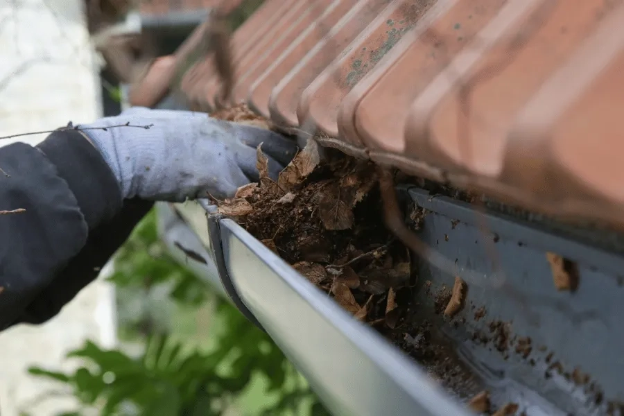 Precision Gutters LLC cleaning clogged residential gutter filled with debris