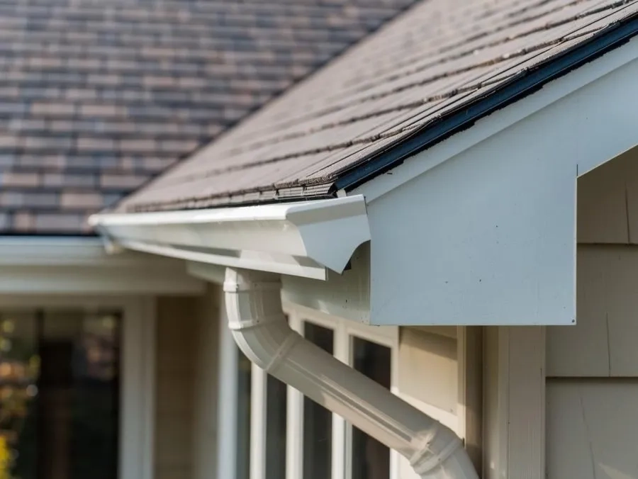 White seamless gutter and angled downspout installed along residential roofline for efficient rainwater drainage