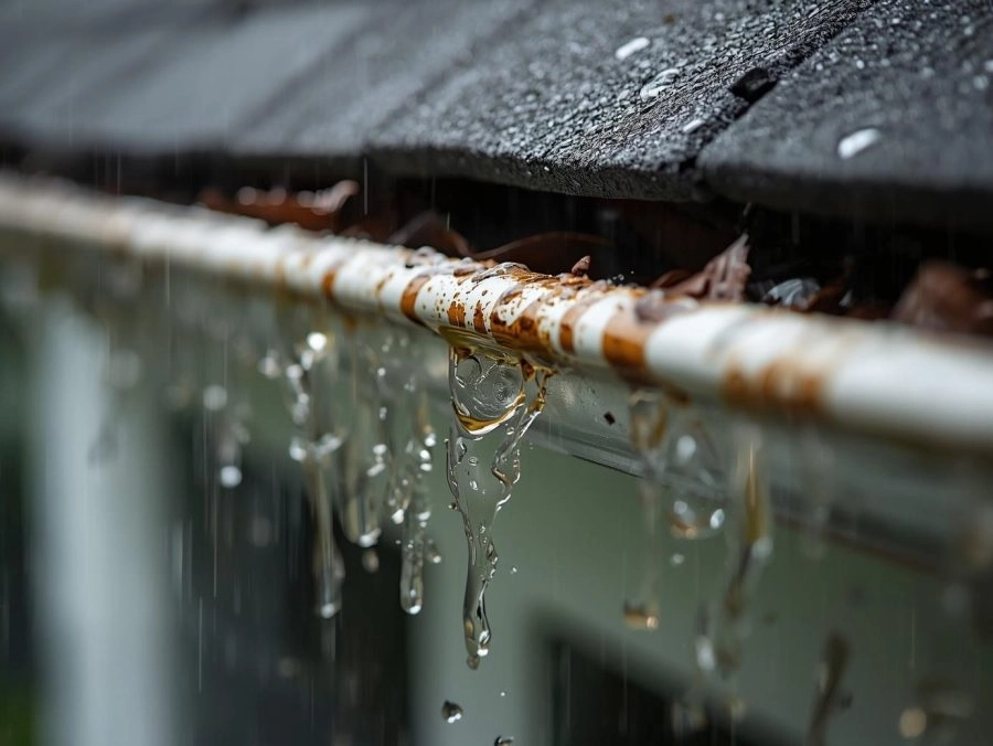 Rainwater dripping from rusted residential gutter clogged with debris during heavy rainfall