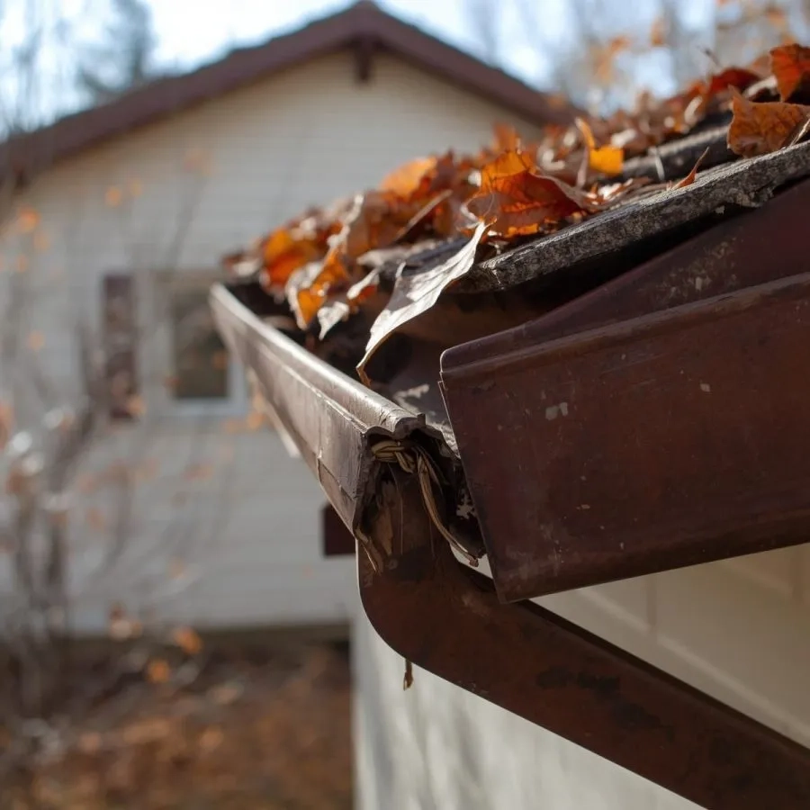 Clogged residential gutter filled with leaves and debris causing drainage blockage and overflow issues