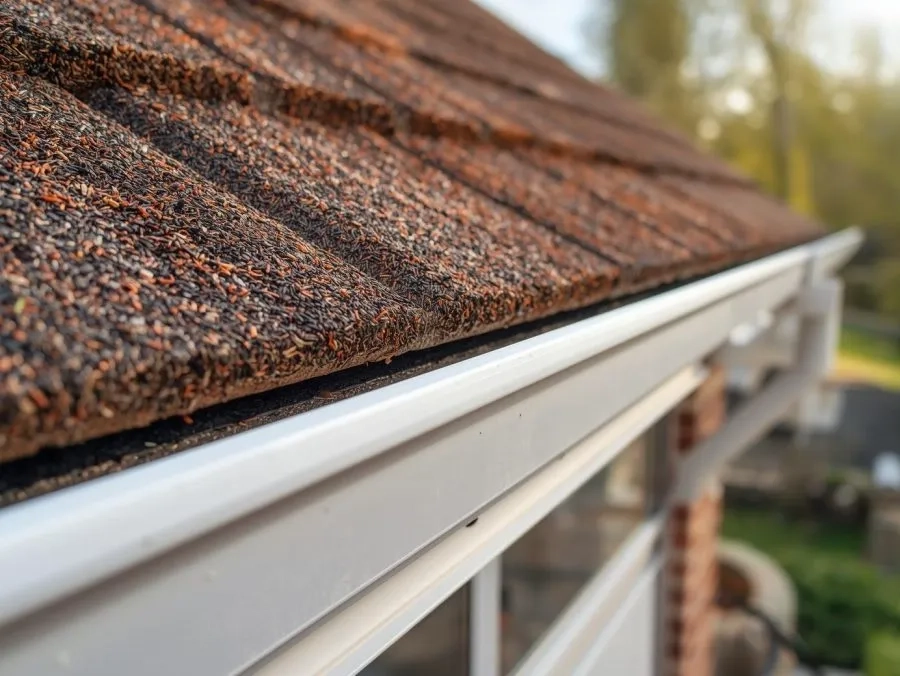 White residential gutter system installed beneath weathered roof shingles on suburban home