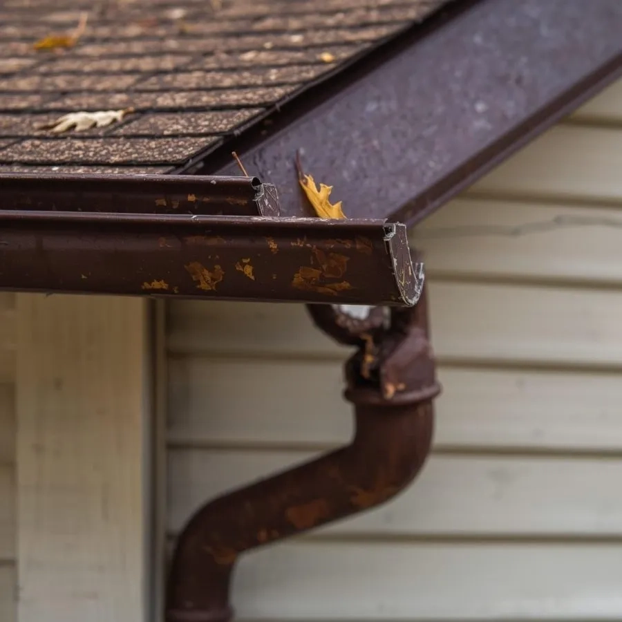 Clogged residential gutter filled with leaves and debris causing drainage blockage and overflow issues
