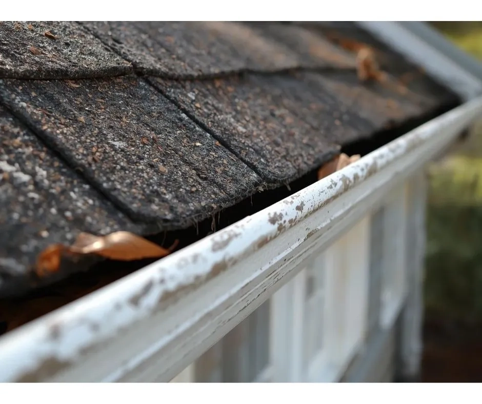 Weathered residential gutter with peeling paint and signs of wear requiring gutter maintenance services