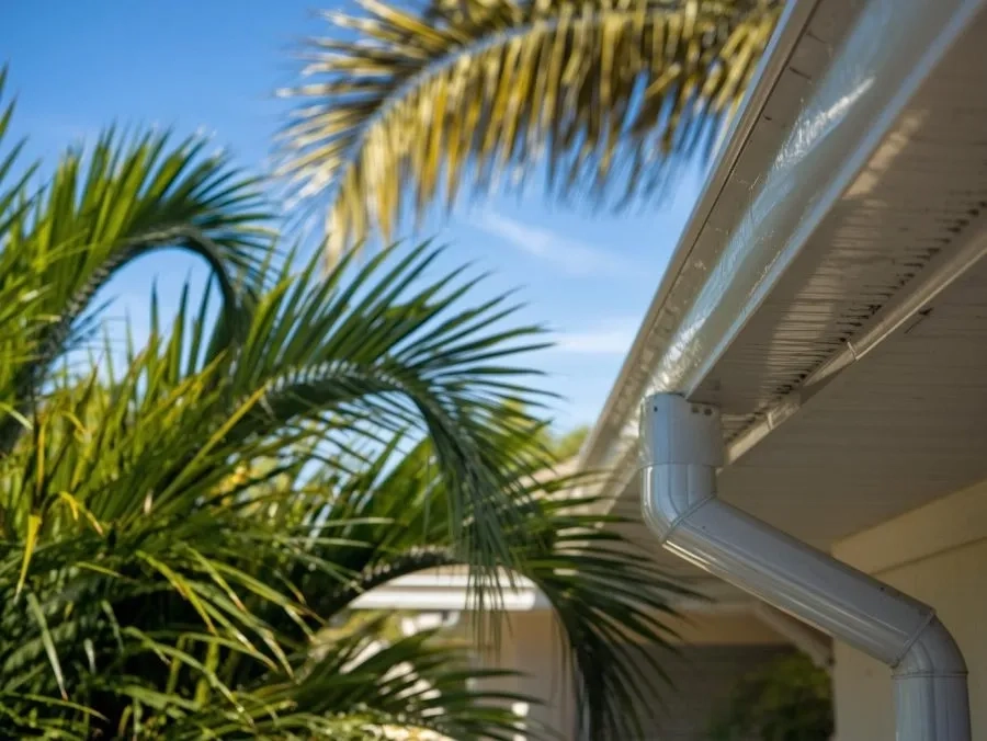 Clean white seamless gutter and downspout system installed on Florida home by Precision Gutters LLC