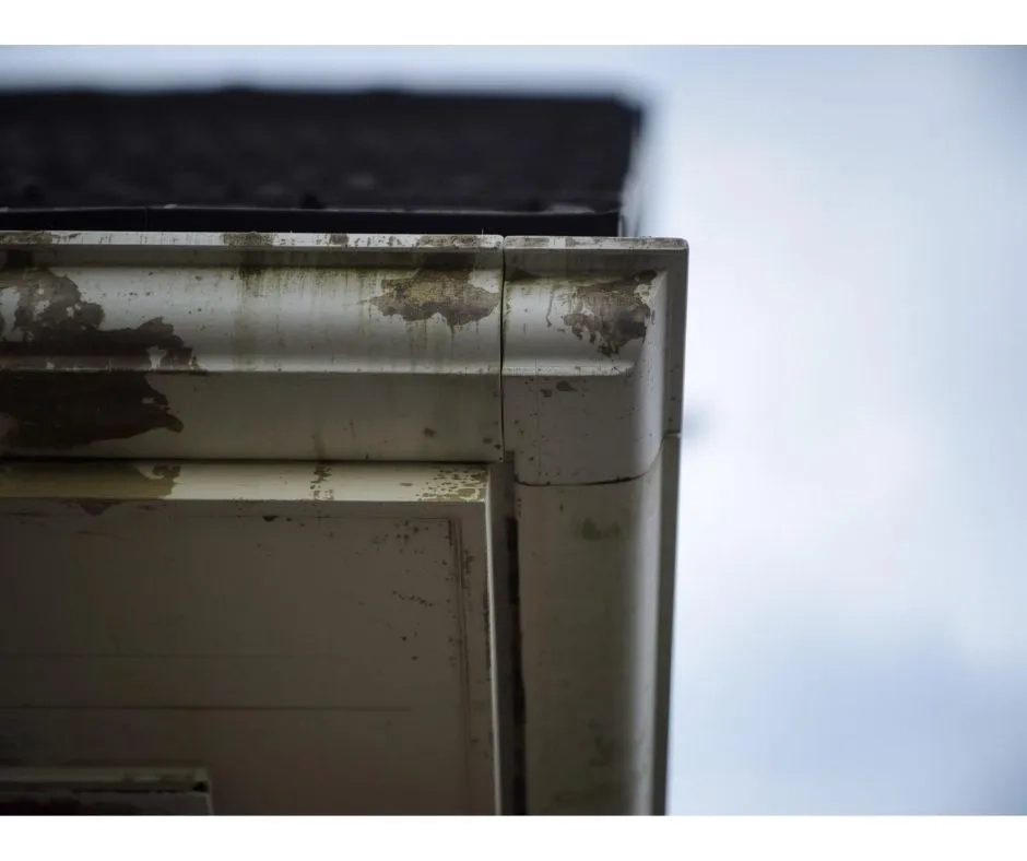 Dirty white gutter corner with water stains and buildup requiring professional gutter cleaning services