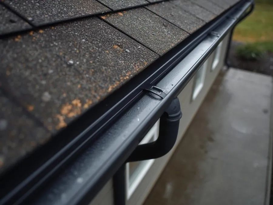 Close-up of black aluminum gutter and downspout mounted along asphalt shingle roof