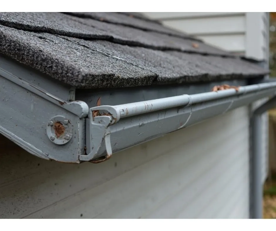 Worn residential gutter with loose gutter guard and signs of rust requiring gutter repair by Precision Gutters LLC