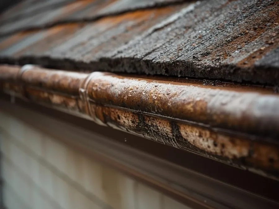 Rust-covered metal gutter system showing corrosion and weather damage beneath aging roof shingles