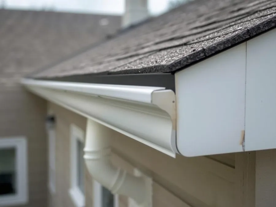 Close-up of seamless white gutter installation on modern suburban home exterior