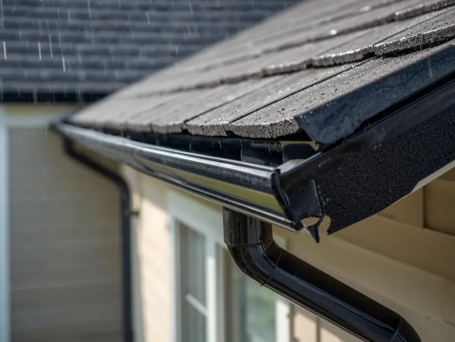 Black seamless gutter system installed on residential roof during light rainfall