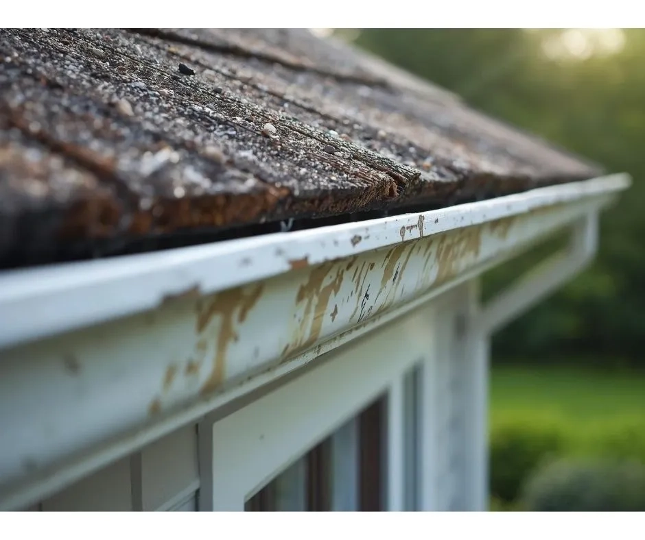 Aging gutter system with visible rust stains and roof runoff damage on residential property