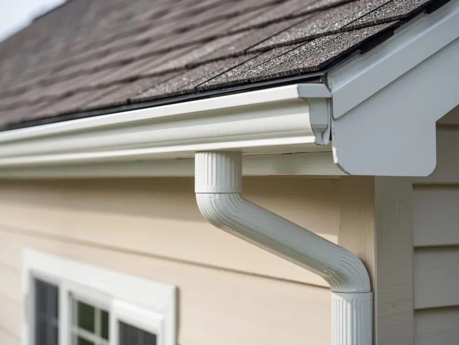 Residential aluminum gutter system with white downspout mounted beneath asphalt shingle roofing